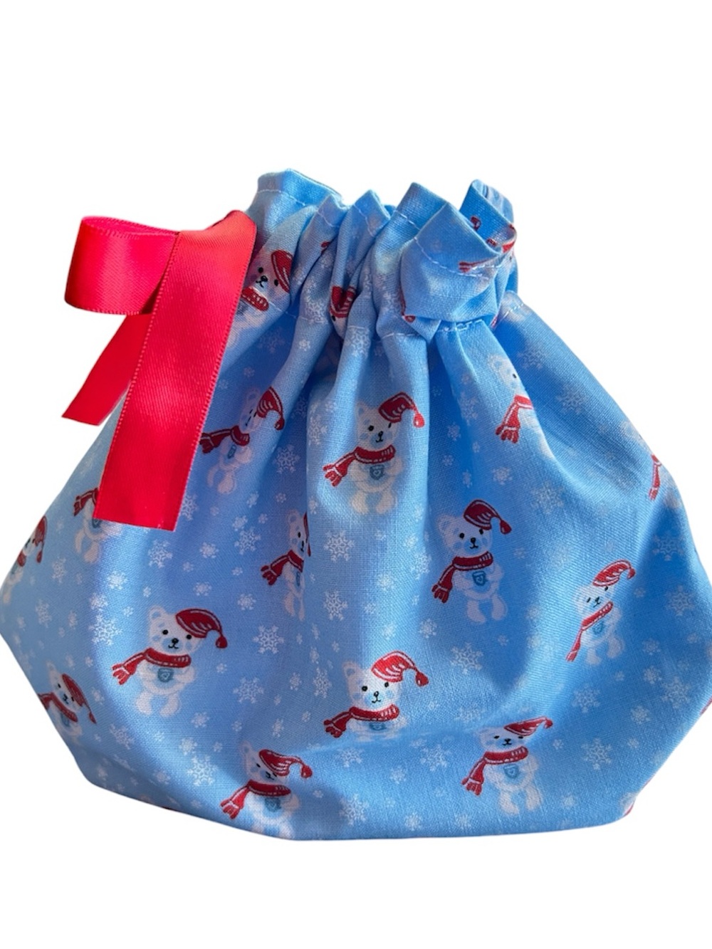Hand Crafted Blue Snowman Drawstring Gift Bag Red Ribbon Eco Friendly Reusable